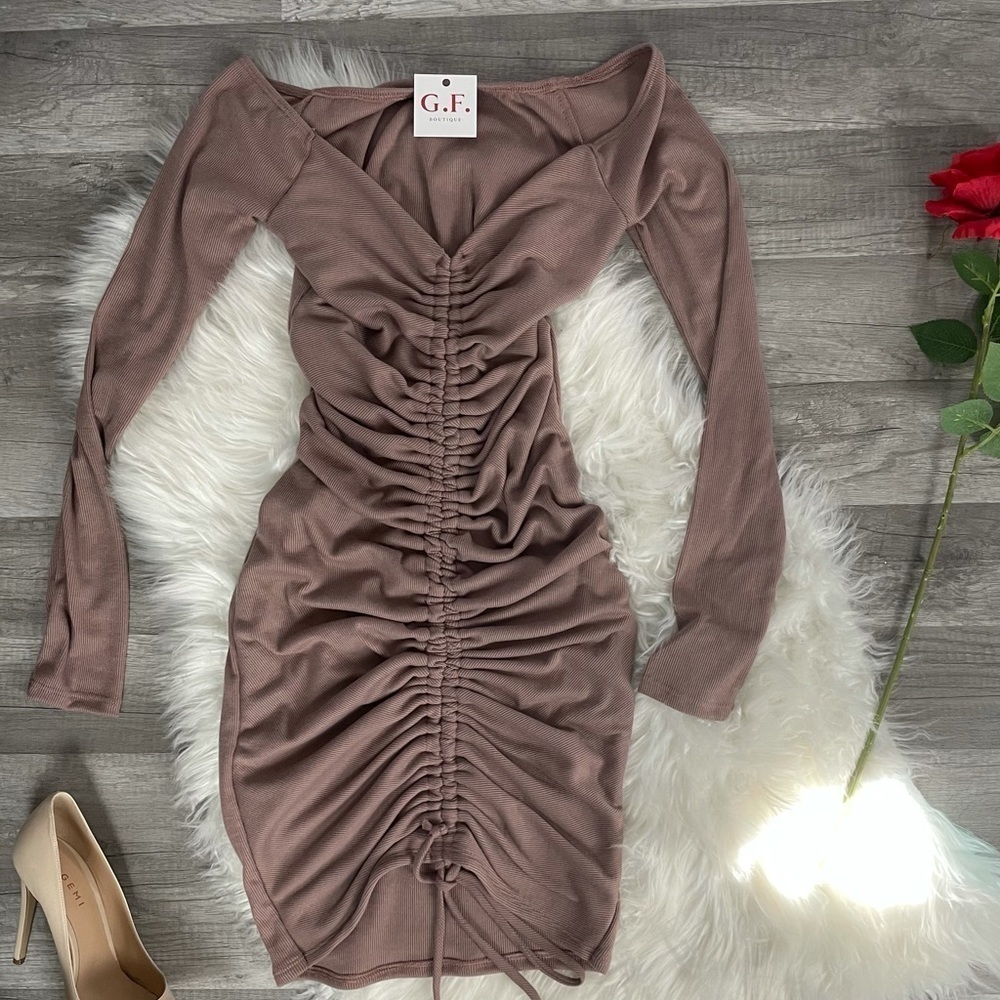 𝅺new Rushed Off The Shoulder Dress Mocha